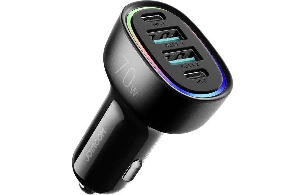 Joyroom - 4 in 1 Autolader met USB C en USB A - Snellader - 70W - RGB - Zwart - mooiprijsje.nl