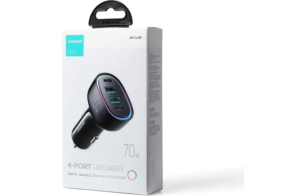 Joyroom - 4 in 1 Autolader met USB C en USB A - Snellader - 70W - RGB - Zwart - mooiprijsje.nl